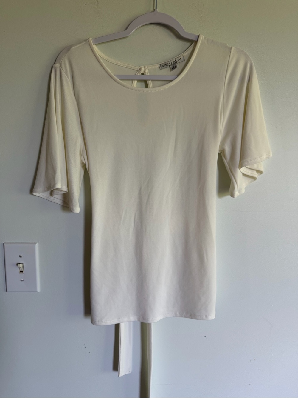 Green Envelope Cream Short Sleeve Tie-Back Top Classy Professional Work Event